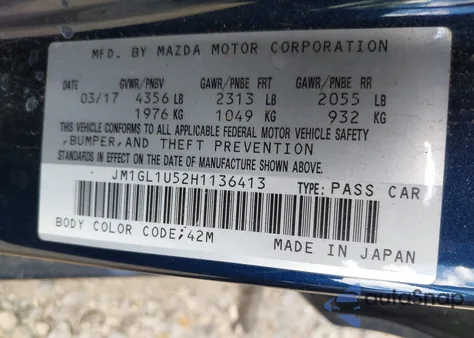 2017 Mazda Mazda6 Sport из США, поврежденный, VIN JM1GL1U52H1136413